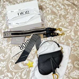 Mini Dior Black Saddle Bag with Gold Accents